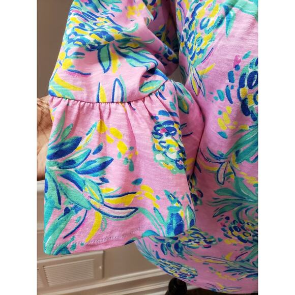 Stella Parker Blouse Top Womens L Pink Floral Flare Sleeve Round Neck Pullover - Picture 10 of 11